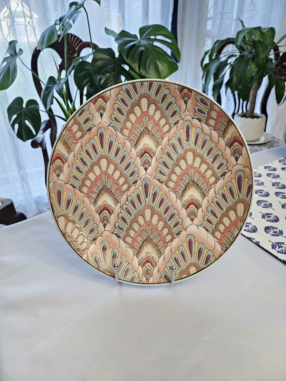 Vintage Toyo Rustica Peacock Feather Plate 10" Hand Painted Pastel Ceramic Macau